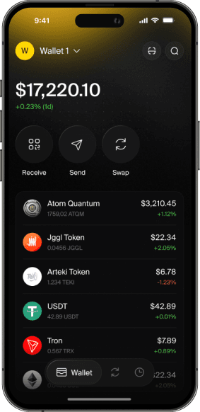 ATQM Wallet app interface on a smartphone
